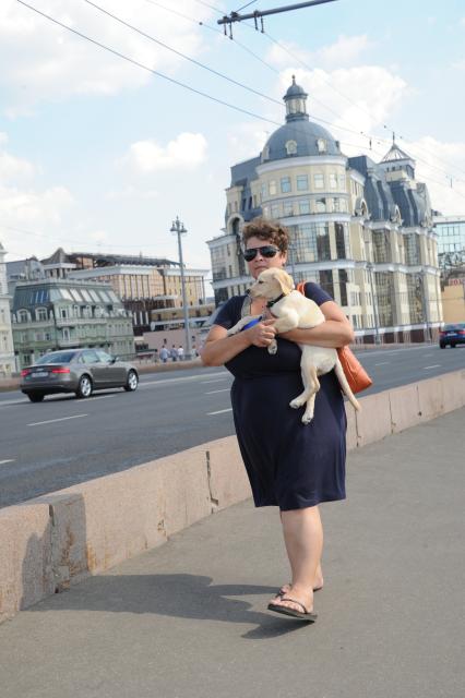 Москва. Дама с собачкой идет по Большому Москворецкому мосту.