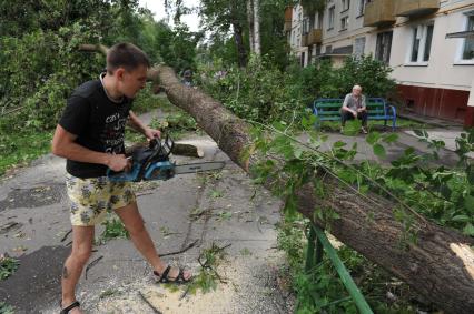Москва. Работники коммунальных служб убирают  сломанное ураганом дерево.