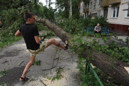 Москва. Работники коммунальных служб убирают  сломанное ураганом дерево.