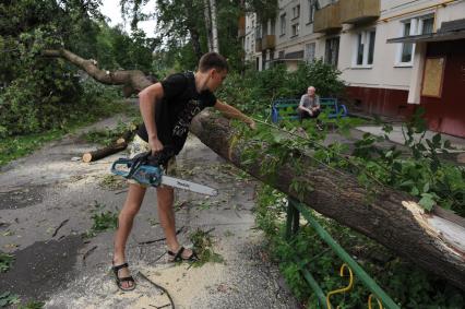 Москва. Работники коммунальных служб убирают дерево сломанное ураганом дерево