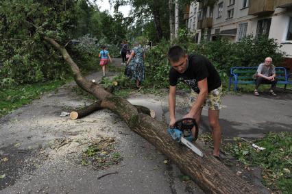 Москва. Работники коммунальных служб убирают  сломанное ураганом дерево.