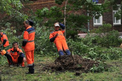 Москва. Работники коммунальной службы на уборке последствий урагана в городе.