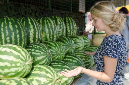 Самара.  Девушка выбирает арбуз на рынке.