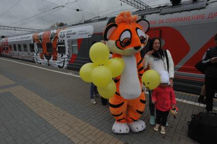 Москва. Пассажиры  и ростовая кукла амурского тигра перед отправлением поезда  `Россия` Москва - Владивосток в тематическом оформлении, приуроченном ко Дню тигра, на платформе Ярославского вокзала.