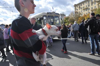 Москва.   Горожане на празднике московского троллейбуса после парада ретро-троллейбусов, посвященного 83-летию регулярного троллейбусного движения в столице, на Фрунзенской набережной.