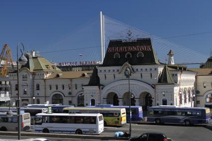 Владивосток. Вид на Золотой мост и здания железнодорожного и  морского вокзалов.