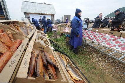 Московская область. Участник `2-го  российского продовольственного  форума  `демонстрирует свою продукцию.