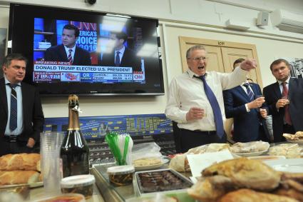 Москва. Лидер ЛДПР Владимир Жириновский празднует победу Дональда Трампа на президентских выборах в США.