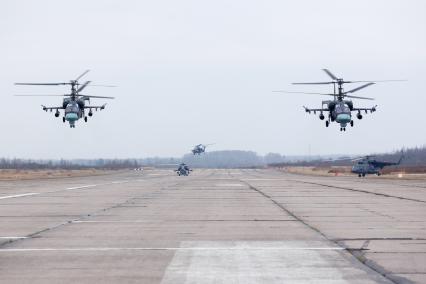 Ленинградская область. Вертолетные учения Западного военного округа (ЗВО). Боевые вертолеты КА-52.