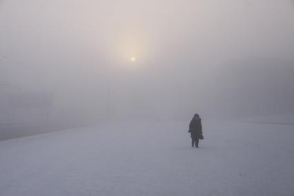 Барнаул.  Жительница города  на заснеженной улице.