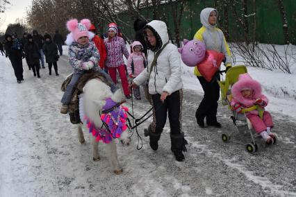 Москва.   Девочка катается на ослике.