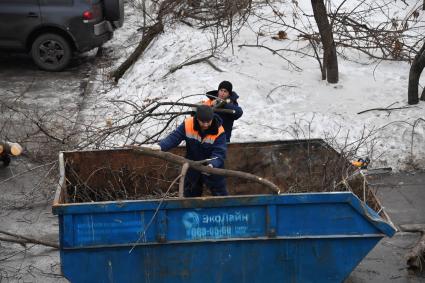 Москва. Сотрудники коммунальных служб убирают ветки деревьев в мусорный контейнер.