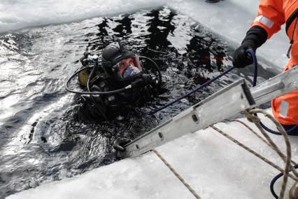 Ставрополь. Водолазы во время подледного учения на Комсомольском пруду.