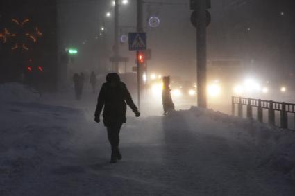 Барнаул. Прохожие на улице во время метели.