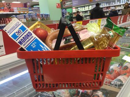 Москва. Корзина с продуктами в магазине.