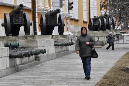 Москва.  Трофейные пушки  у здания Арсенала на территории Кремля.