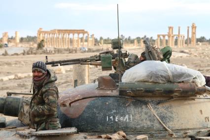 Сирия. Военнослужащие Сирийской Арабской Республики возле архитектурного комплекса древней Пальмиры, освобожденной от боевиков `Исламского государства` сирийскими войсками при поддержке ВКС РФ.