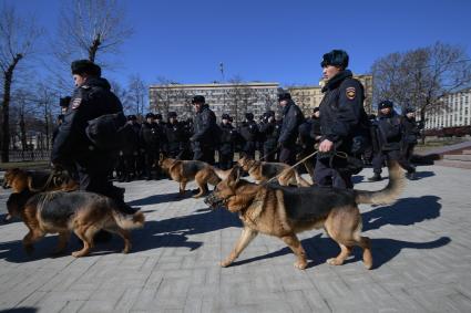 Москва.  Сотрудники полиции во время  несанкционированной акции против коррупции сторонников оппозиционера Алексея Навального на Тверском бульваре.