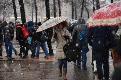 Москва. Люди идут по парку в снегопад.