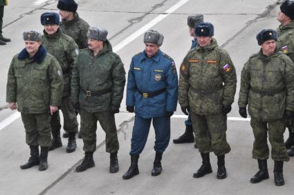 Московская область, Алабино. Участники пеших колонн парадного расчета войск на репетиции военного парада, посвященного  72-й годовщине Победы в Великой Отечественной войне.