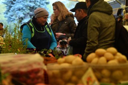 Москва. Торговля овощами и фруктами на ярмарке выходного дня в районе Кузьминки.