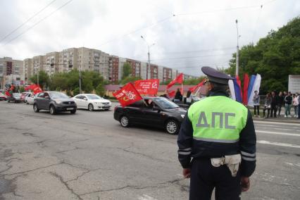 Ставрополь.  Участники во время автопробега в рамках общекраевой акции `Колонна имени Героя Советского Союза Ивана Алексеевича Щипакина `На Берлин!`,  посвященной 72-й годовщине Победы в Великой Отечественной войне.