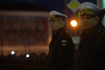 Калининград.   Командующий Балтийским флотом  вице-адмирал Александр Носатов на репетиции  парада, посвященного 72-й годовщине Победы в Великой Отечественной войне.