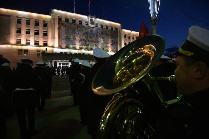 Калининград. Военный оркестр на  репетиции военного  парада, посвященного 72-й годовщине Победы в Великой Отечественной войне.