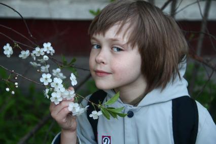 Нижний Новгород. Мальчик держит в руке ветку цветущей вишни.