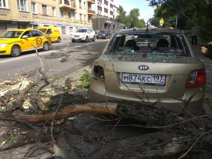 Москва.  Автомобиль, поврежденный упавшим деревом во время урагана на одной из улиц города.