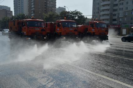 Москва. Массовая поливка дорог в жару.