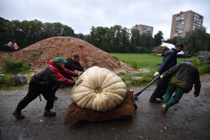 Москва. Презентация самой большой тыквы (472 кг), выращенной в России в преддверии открытия ежегодного фестиваля цветов, урожая, искусства `Краски осени`.