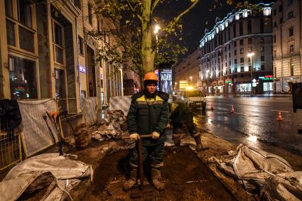 Москва. Высадка лип на Тверской улице на участке от Пушкинской до Триумфальной площади.