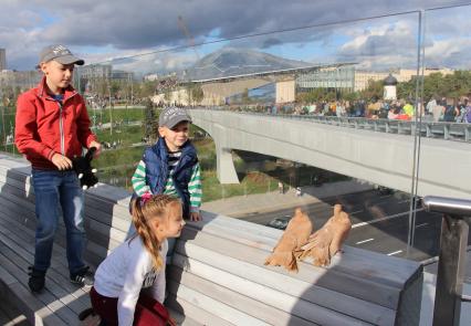 Москва.  Посетители на `Парящем мосту` в природно-ландшафтном парке `Зарядье`.