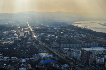 Хабаровск. Вид на реку Амур  и город с самолета.