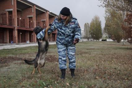 Самара. Служебная собака во время занятий с кинологом.