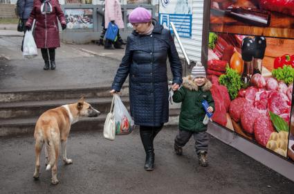 Пермь. Женщина с ребенком идет мимо бездомной собаки на рынке.