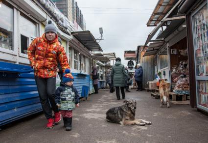 Пермь. Женщина с ребенком идет мимо бездомной собаки на рынке.