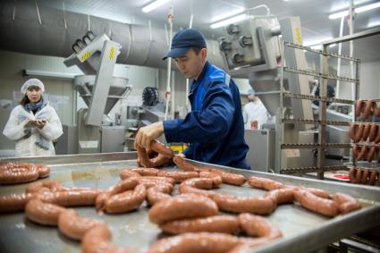 Челябинск. Изготовление  сарделек в цехе  мясоперерабатывающего предприятия `Калинка`.