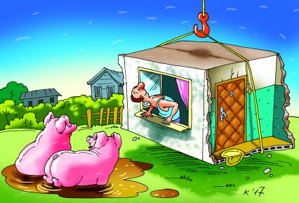 Карикатура на тему `домик в деревне`.