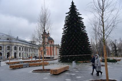 Москва. Установка новогодней ели в парке `Зарядье`.