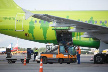 Санкт-Петербург. Пассажирский самолет авиакомпании `Сибирь` S7 Airbus A319 на взлетной полосе аэропорта Пулково.
