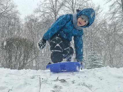 Москва. Мальчик катается на санках в парке.