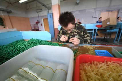 Русиново. Сотрудники за работой в цехах предприятия `Рус и Ново Пак` Всероссийского общества слепых.