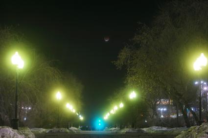 Екатеринбург. Аллея на проспекте Ленина во во время совпадения трех событий - \"голубой\" Луны, суперлуния, и полного лунного затмения, что является редким астрономическим явлением