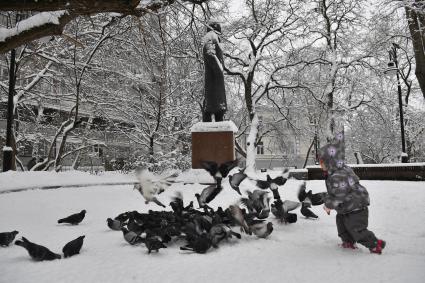 Москва. Ребенок бегает за голубями.