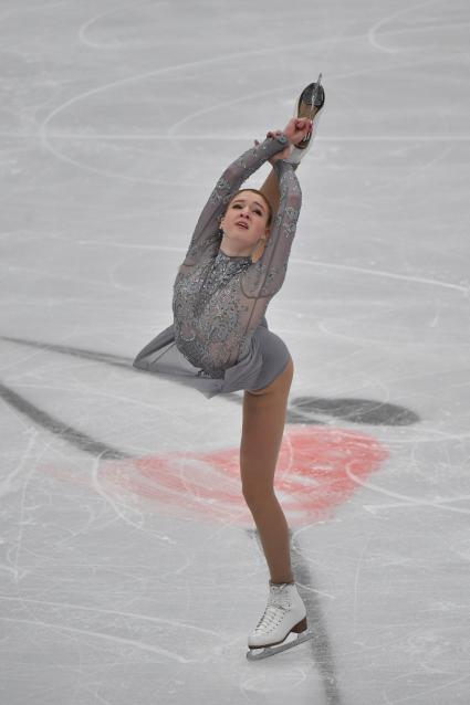 Москва. Российская спортсменка Мария Сотскова во время выступления в произвольной программе женского одиночного катания на чемпионате Европы по фигурному катанию во Дворце спорта `Мегаспорт`.