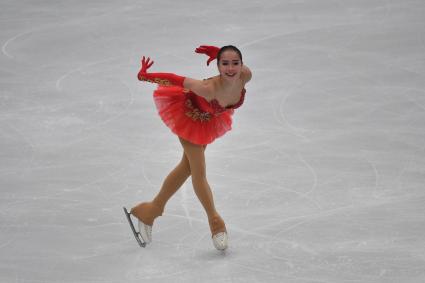 Москва. Российская спортсменка Алина Загитова во время выступления в произвольной программе женского одиночного катания на чемпионате Европы по фигурному катанию во Дворце спорта  `Мегаспорт`.