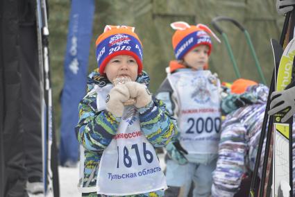 Тульская область. Участники всероссийской массовой лыжной гонки `Лыжня России - 2018` на территории государственного мемориального и природного заповедника `Музей-усадьба Льва Толстого `Ясная поляна`.