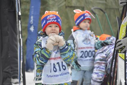 Тульская область.  Участники всероссийской массовой лыжной гонки `Лыжня России - 2018` на территории государственного мемориального и природного заповедника `Музей-усадьба Льва Толстого `Ясная поляна`.